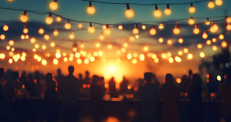 String lights creating warm ambiance over outdoor evening dinner setting