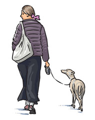 One casual towns woman with grey hound dog walking outdoors, rear view, realistic hand drawing, vector illustration isolated on white background