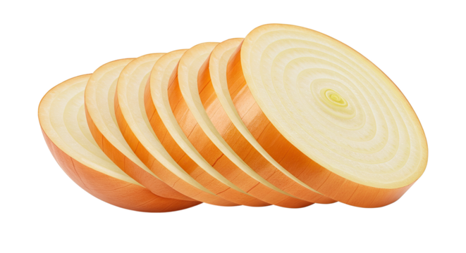 Sliced onion rings arranged in a row showcasing their concentric layers texture