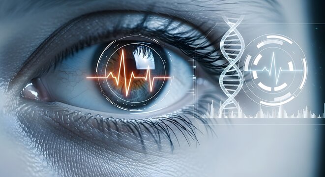 Biometric Technology Futuristic Eye Scan with DNA and Heartbeat Data