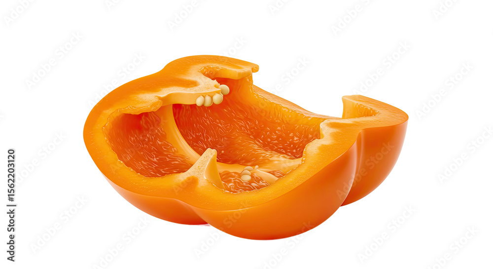 Poster sliced orange bell pepper revealing seeds and inner texture in close-up view