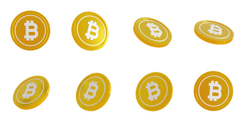 Bitcoin gold coin in 3D, rotating at different angles. BTC crypto currency. Black and gold flying tokens. Crypto investment, cryptocurrency, digital finance, new economy.