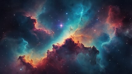 Fototapeta premium A vibrant nebula glows with red, blue, and orange hues against a backdrop of countless stars