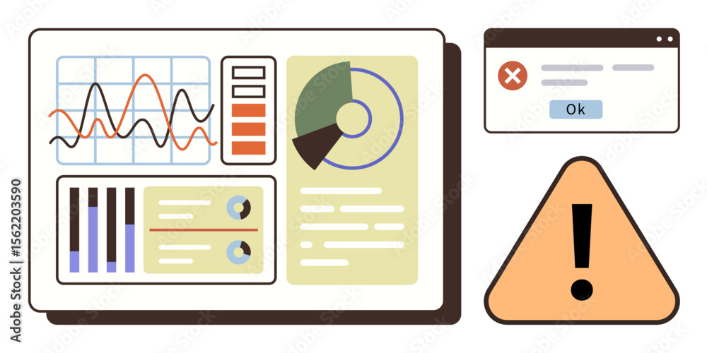 Poster analytics dashboard featuring charts, graphs, error alert box, and warning triangle. ideal for data 