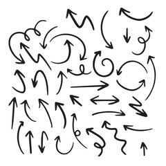 A collection of 25 handdrawn black arrows pointing in various directions on a white background