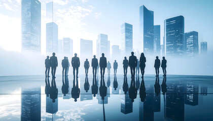 Stylish silhouettes of business people standing in a glowing futuristic cityscape. A dramatic reflection adds depth, making it perfect for corporate and tech-related themes