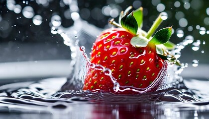 A vibrant red strawberry plunges into water, creating a dynamic splash and ripples.