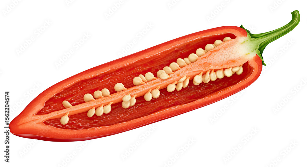 Poster sliced red chili pepper showing seeds and inner texture in detailed close-up