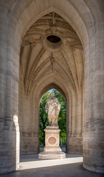 Paris, France - 07 01 2025: View the Blaise Pascal Statue in base of the tower Saint-Jacques