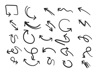 Handdrawn black arrows in various shapes pointing in multiple directions on a white background