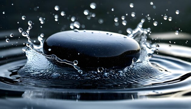 A smooth, dark stone creates a dynamic splash in rippling water.