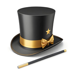 A magician's black top hat with a gold band, bow, star, and a magic wand