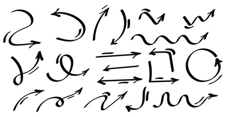 Collection of handdrawn black arrows with varied shapes and directions on a white background
