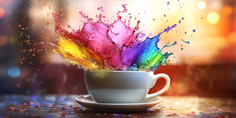 Steaming coffee cup with colorful paint splash creating artistic explosion