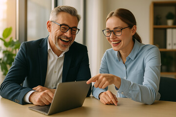 Smiling senior business couple works together on a laptop in the office, discussing their project
