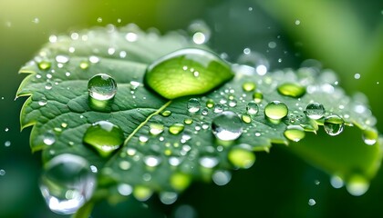 Close-up shot of a green leaf glistening with water droplets, nature's beauty.