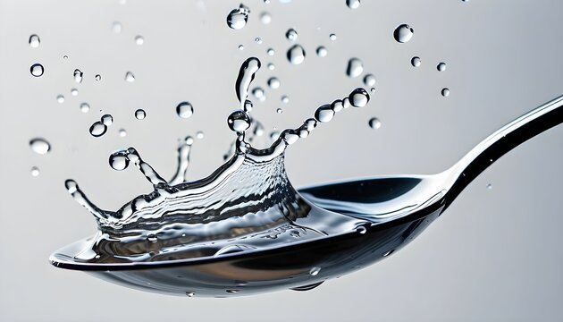 Water droplets splashing dramatically from a silver spoon.