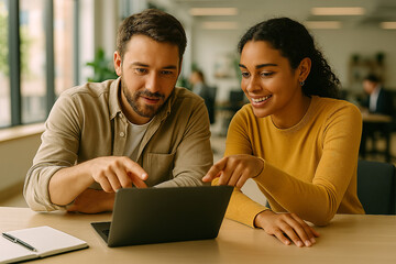 Obraz premium Happy young couple smiling and working together on a laptop at home