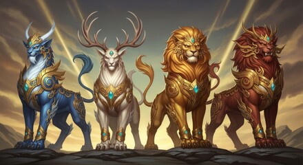 Four Majestic Mythical Beasts Standing Proudly Together in a Grand Fantasy Landscape