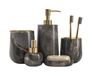 Bathroom set with marble effect and gold accents