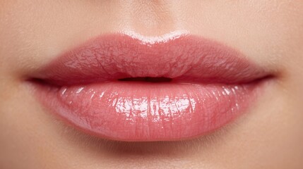 The alluring beauty of glossy pink lips in a close-up photography.