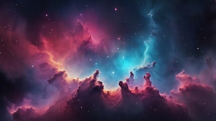 Fototapeta premium A vibrant nebula glows in the dark cosmos, showcasing a swirl of pink, purple, and blue hues among countless stars