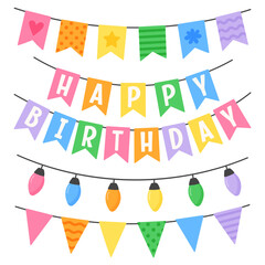Colorful happy birthday bunting, festive lights and decorative flags on white background