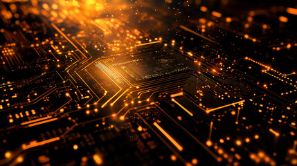 Digital technology network with glowing orange connection points everywhere