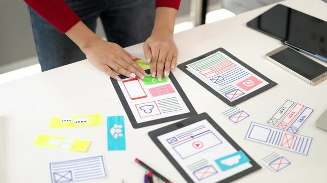 UI UX Design Process: Asian Women Hands Creating Mobile App Interface on Paper Prototype for Website and App Development Planning | User Interface Design