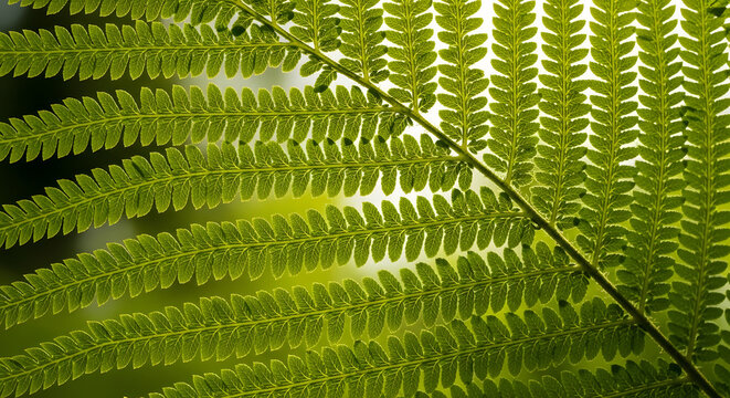 Backlit macro photograph of a green fern leaf structure.