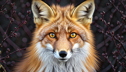 Fototapeta premium Close-up of a red fox with vivid amber eyes, surrounded by dark forest branches. A realistic and mystical animal portrait with intense gaze and rich fur detail. Part of the 