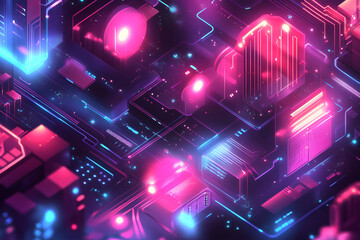 Futuristic neon cityscape with purple and pink digital effects