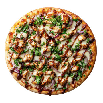 Delicious bbq chicken pizza with red onions and fresh parsley isolated on transparent background