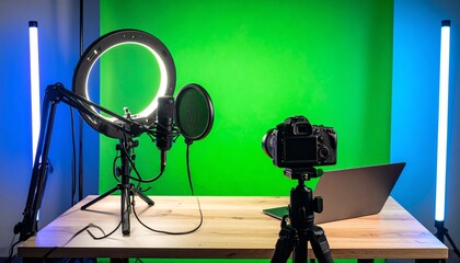 Professional Home Video Studio Setup with Green Screen, Lighting, and Microphone