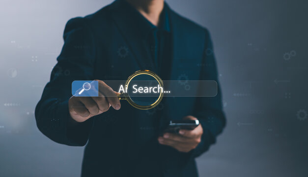 Concept of using AI to search or search engine optimization ,SEO, male hand holding magnifying glass and virtual search bar, showing searching for information with internet technology connection