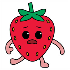 Obraz premium Tired sad strawberry character in flat cartoon style vector. Cute fruit expression isolated on white, perfect for emoticons and food themed storytelling visuals.
