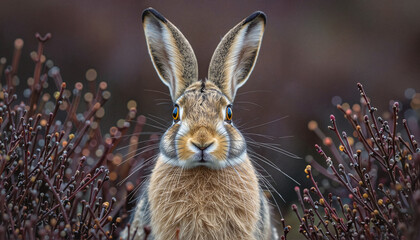 Fototapeta premium Close-up of a hare with vivid orange eyes and grey-reddish fur, framed by fantasy forest branches. A quietly intense portrait from the 
