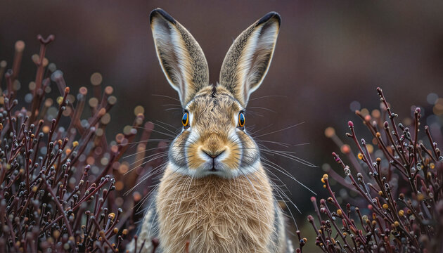 Close-up of a hare with vivid orange eyes and grey-reddish fur, framed by fantasy forest branches. A quietly intense portrait from the "Whispers in the Branches" collection