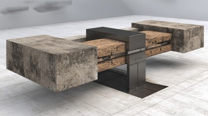Modern, stone bench with metal support