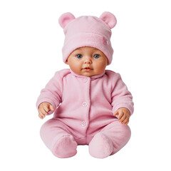 Baby doll wearing a pink outfit and hat sitting on a white background  