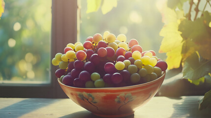 A sunlit bowl of fresh grapes by the window, displaying vibrant colors.