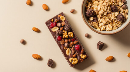 Chocolate bar with nuts and berries on a beige background with granola bowl.