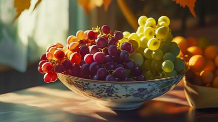 Assorted grapes in a decorative bowl illuminated by soft sunlight.