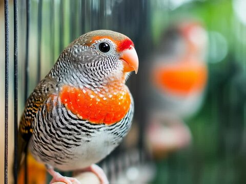 Zebra Finch Perched in Cage with Close-Up View of Colorful Feathers