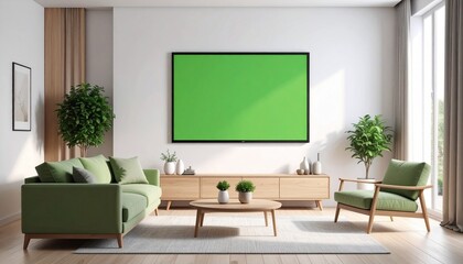 Modern Living Room Interior Design with Green Accents and Large Frame