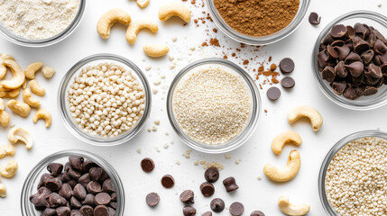 Assorted bowls of nuts, seeds, and chocolate on a white background.