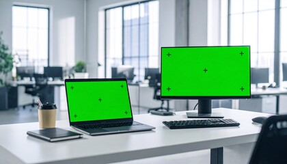 Modern Office Workspace with Green Screen Laptops and Monitor for Video Editing and Content Creation