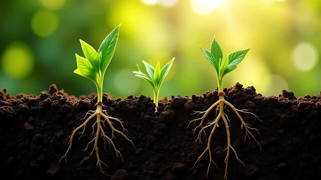 Seedlings emerge with delicate roots in the rich soil, showcasing plant growth and nature's vitality.