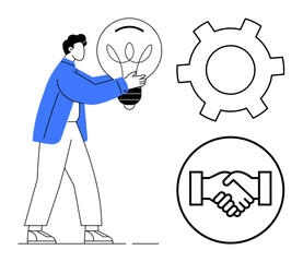 Man holding a light bulb symbolizing ideas, alongside a gear for process and a handshake for partnership. Ideal for teamwork, creativity, problem-solving, collaboration, innovation, partnership