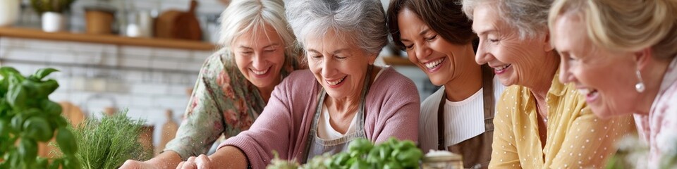 Happy multiracial senior women bonding in the kitchen while preparing fresh herbs.